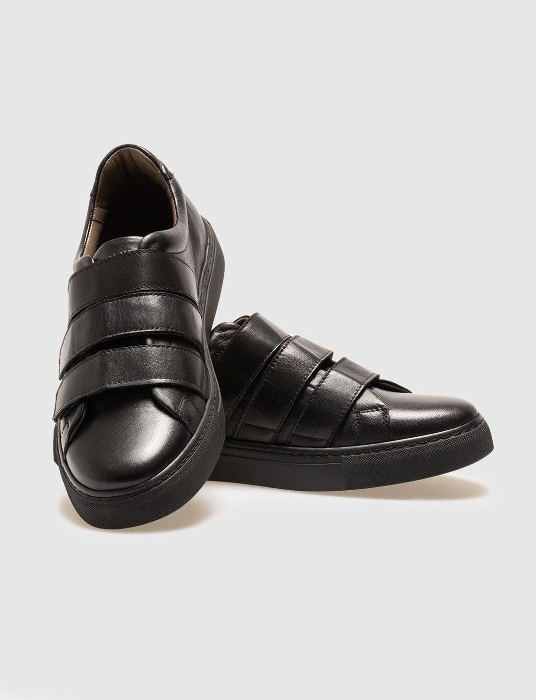 Men Black Genuine Leather Hook and Loop Sneakers