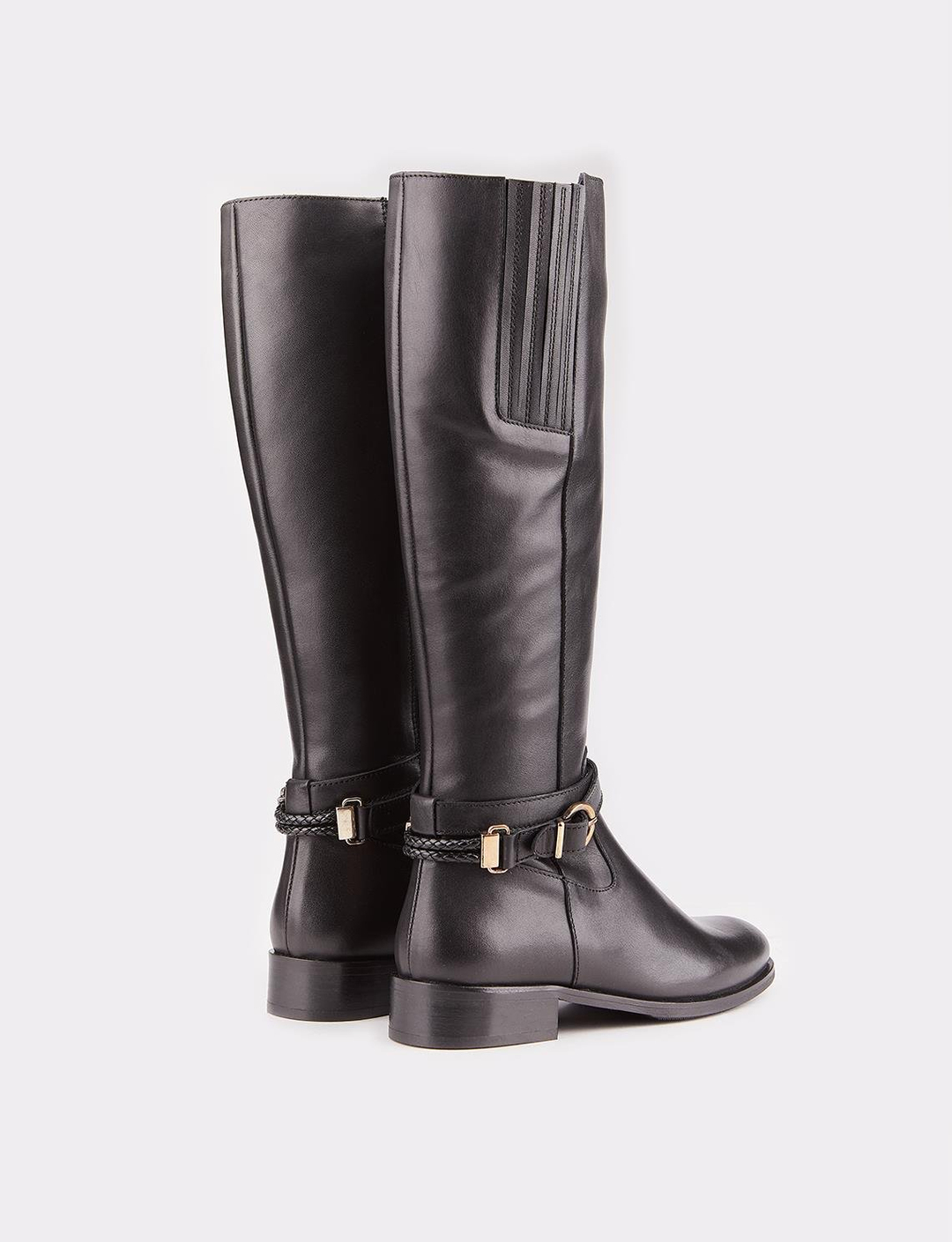 Women Black Genuine Leather Buckle Detail Boots
