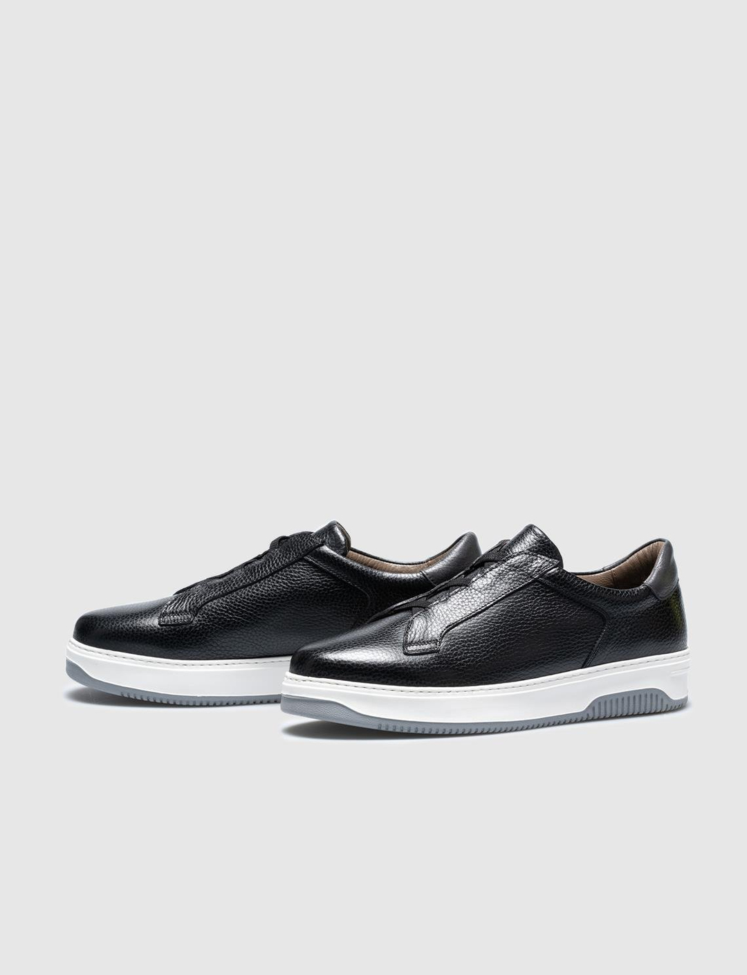 Men Black Genuine Leather No Lace Sneakers