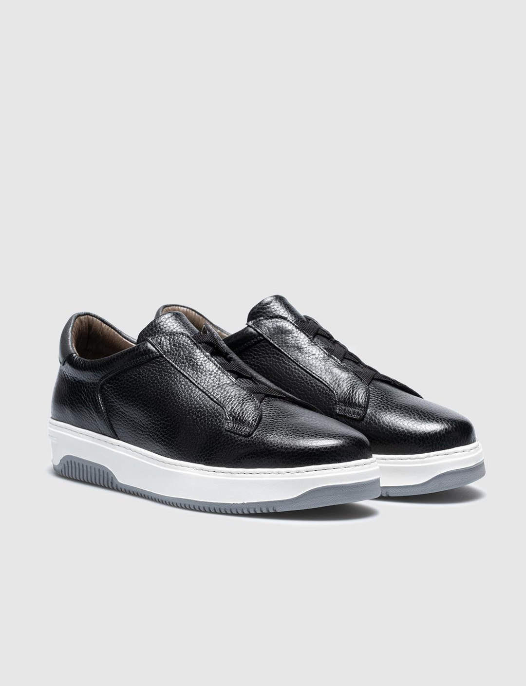 Men Black Genuine Leather No Lace Sneakers