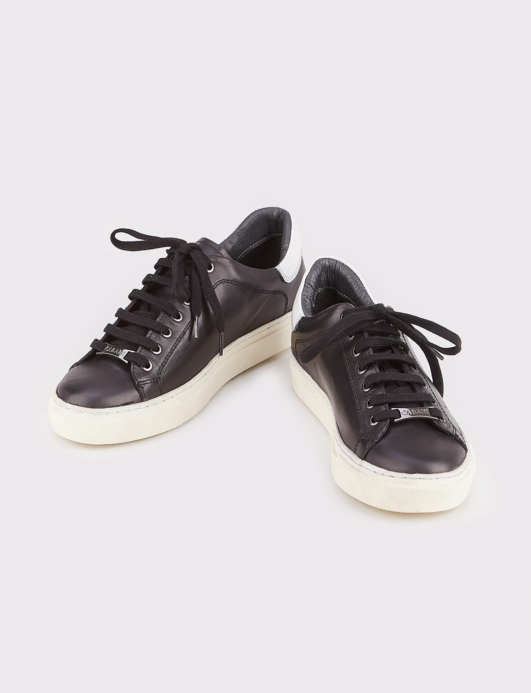 Women Black Genuine Leather Lace Up Sneakers