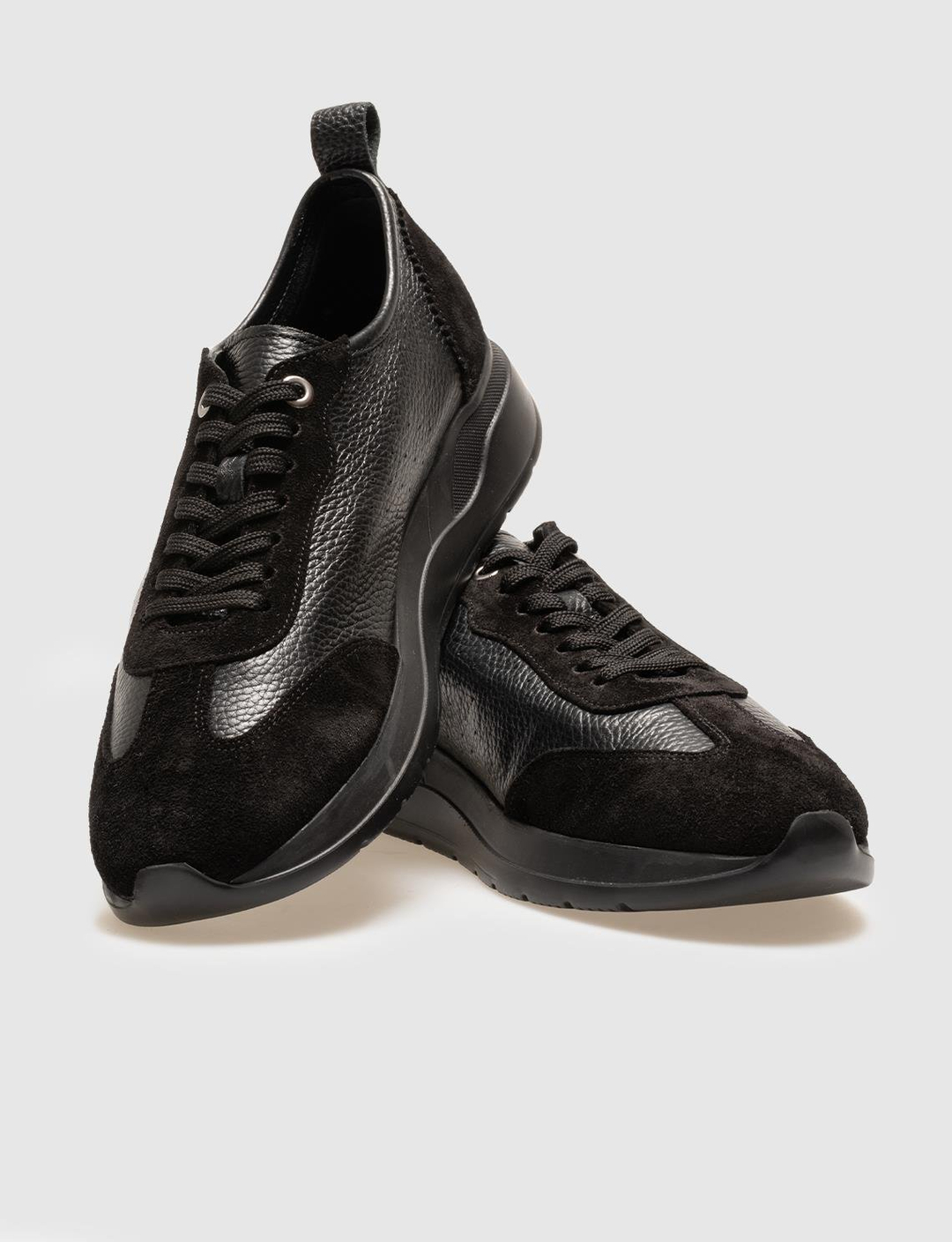 Men Black Genuine Leather Suede Detail Sneakers