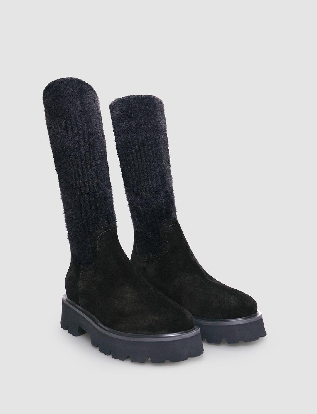 Hakiki Deri Siyah Süet Kadın Dizaltı Çizme
