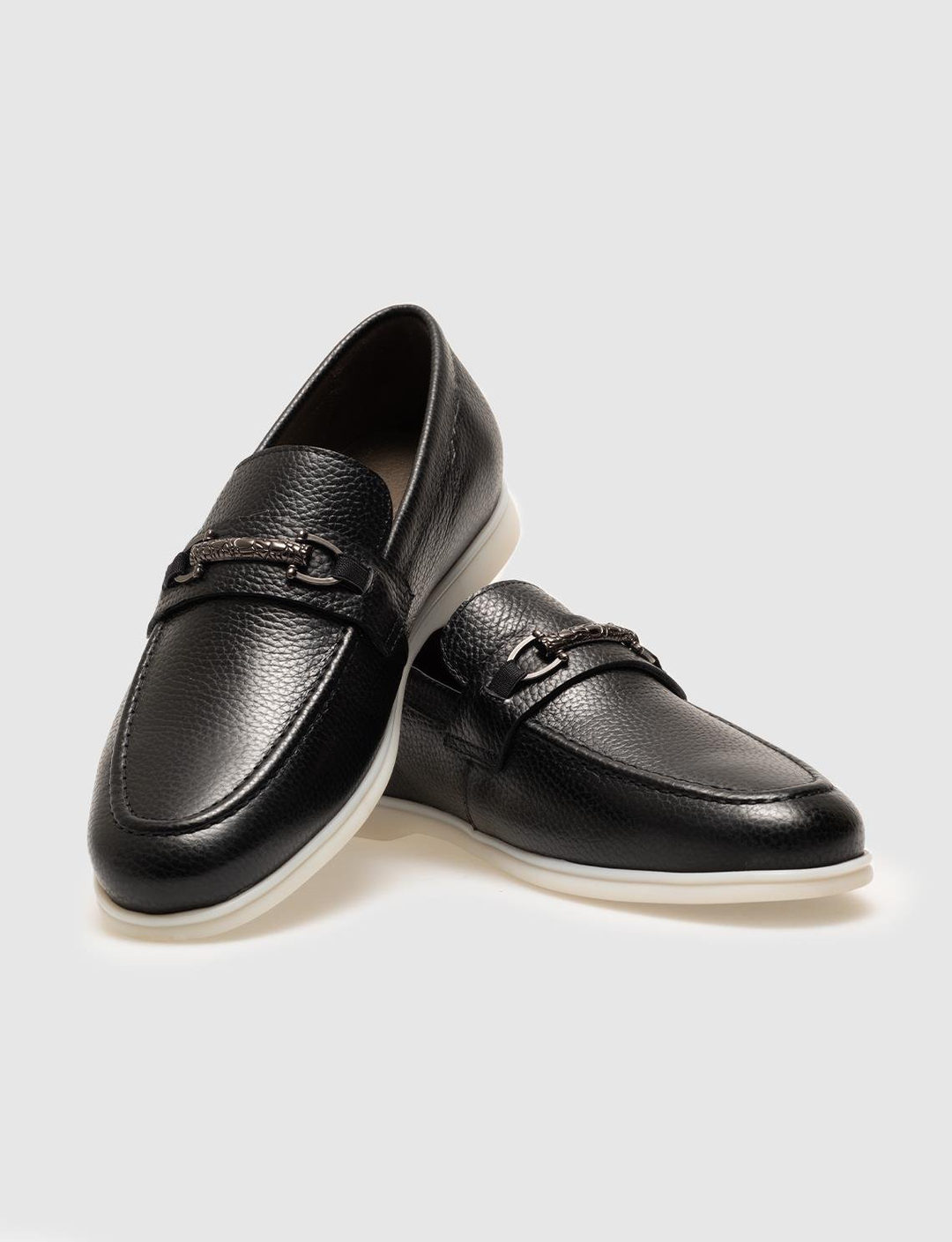 Men Black Genuine Leather Metal Decor Slip Ons