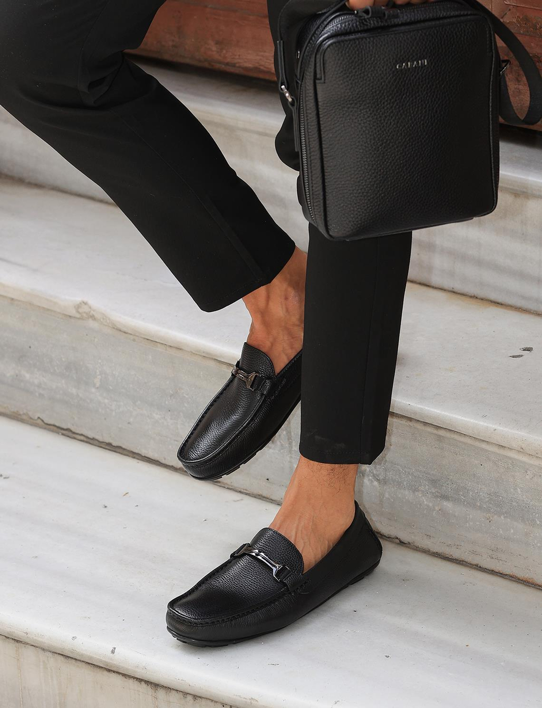 Men Black Genuine Leather Bit Loafers