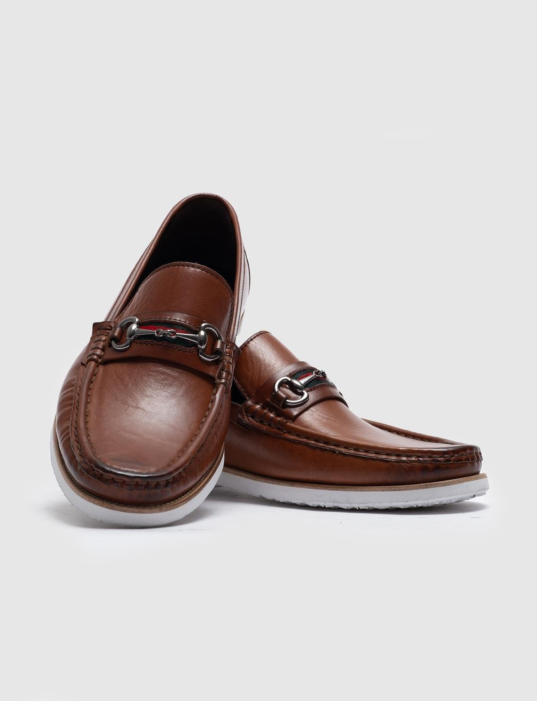 Men Tan Genuine Leather Metal Decor Loafers