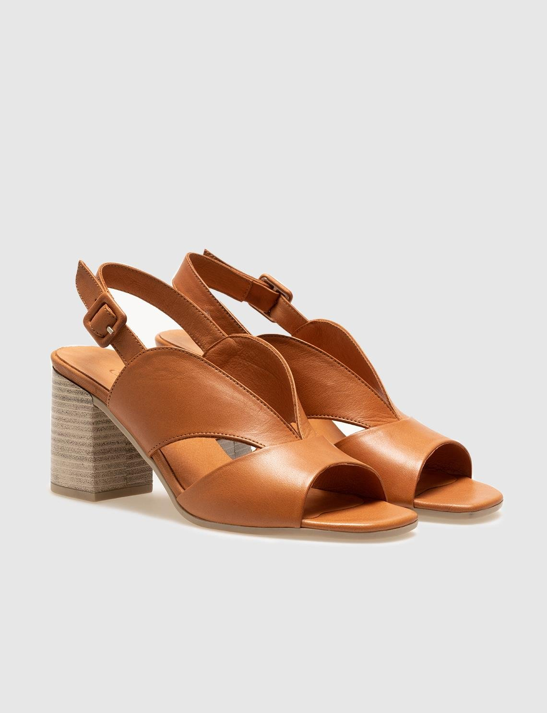 Women Tan Genuine Leather Buckle Detail Heeled Sandals