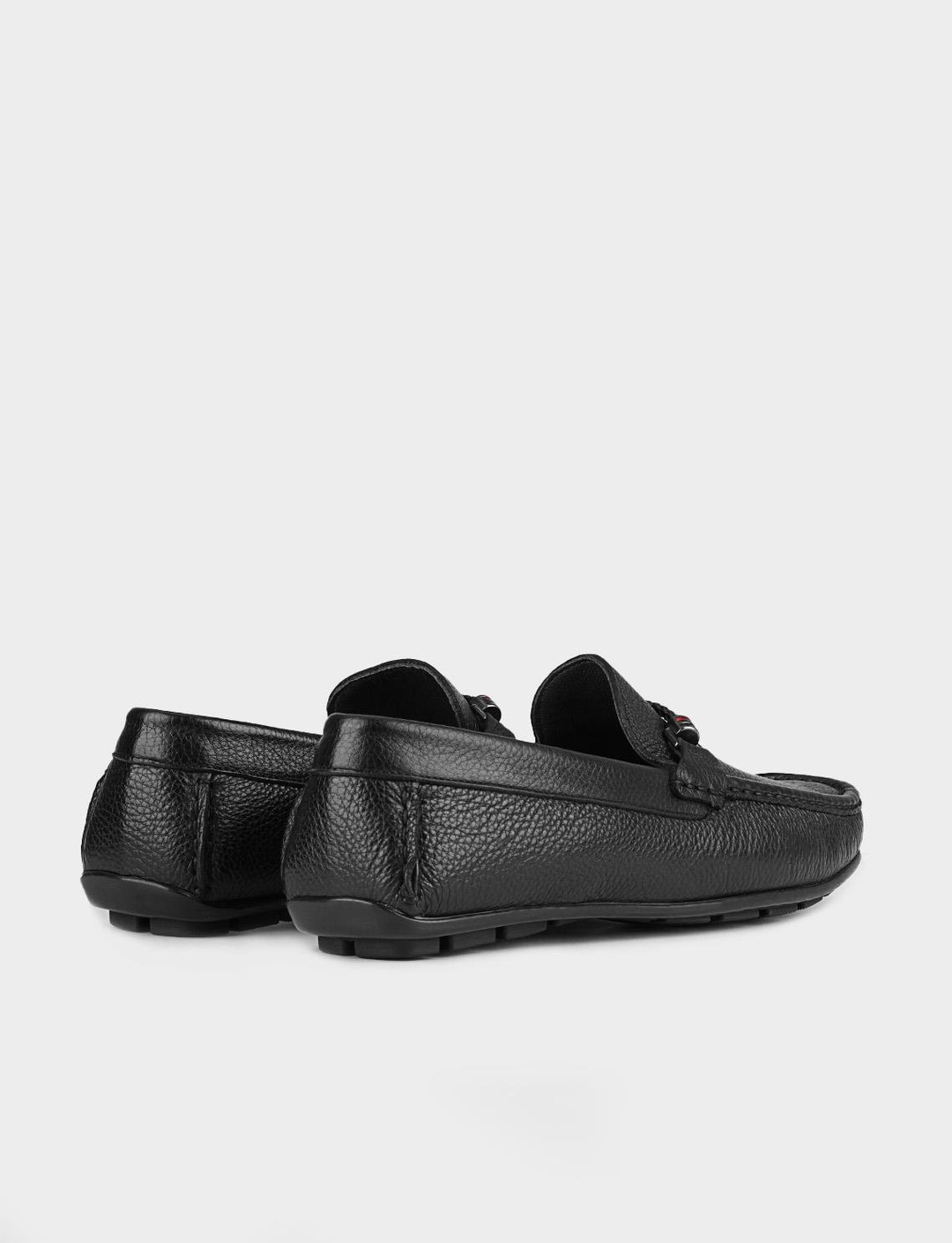 Metal Aksesuar Desenli Hakiki Deri Siyah Erkek Loafer Ayakkabı