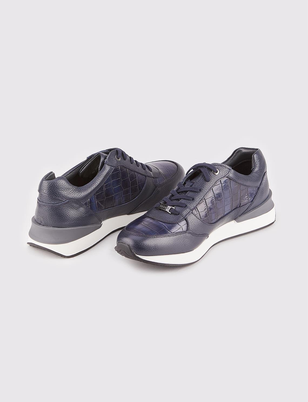 Men Navy Blue Genuine Leather Pattern Block Sneakers