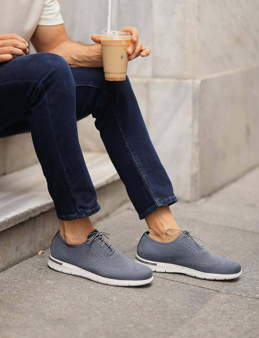 Men Grey Lace Up Casual Knit Shoes