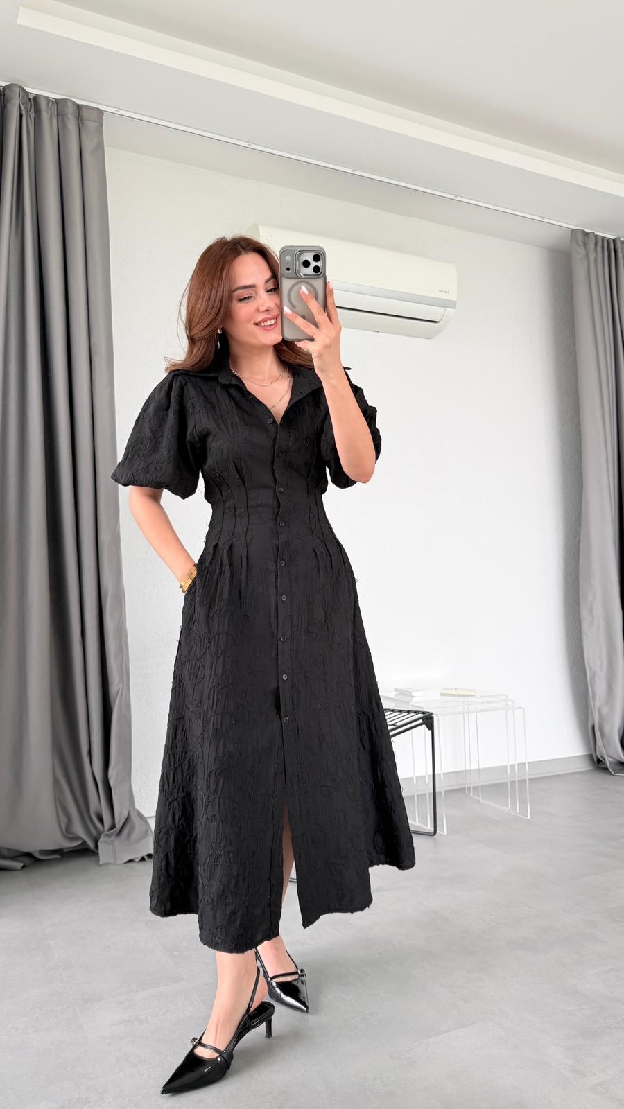 Siyah Elena Balon Kol Çiçek Desenli Elbise