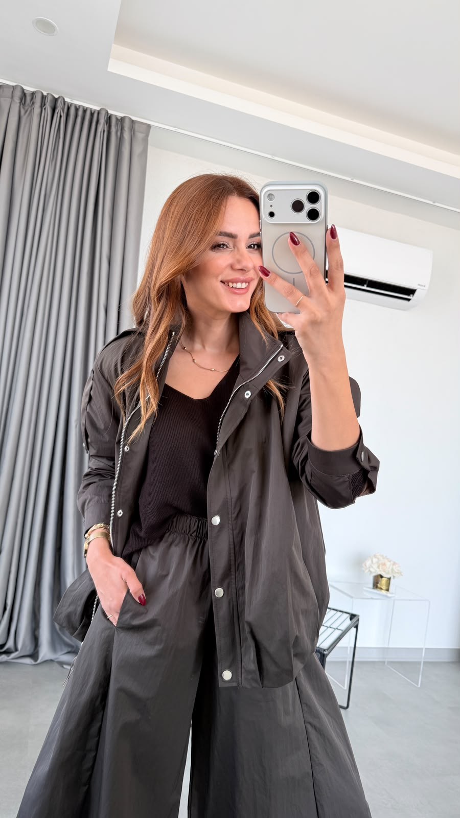 Acı Kahve Çıtçıt Düğmeli Balon Kol Şalvar Kesim Pantolon Takım