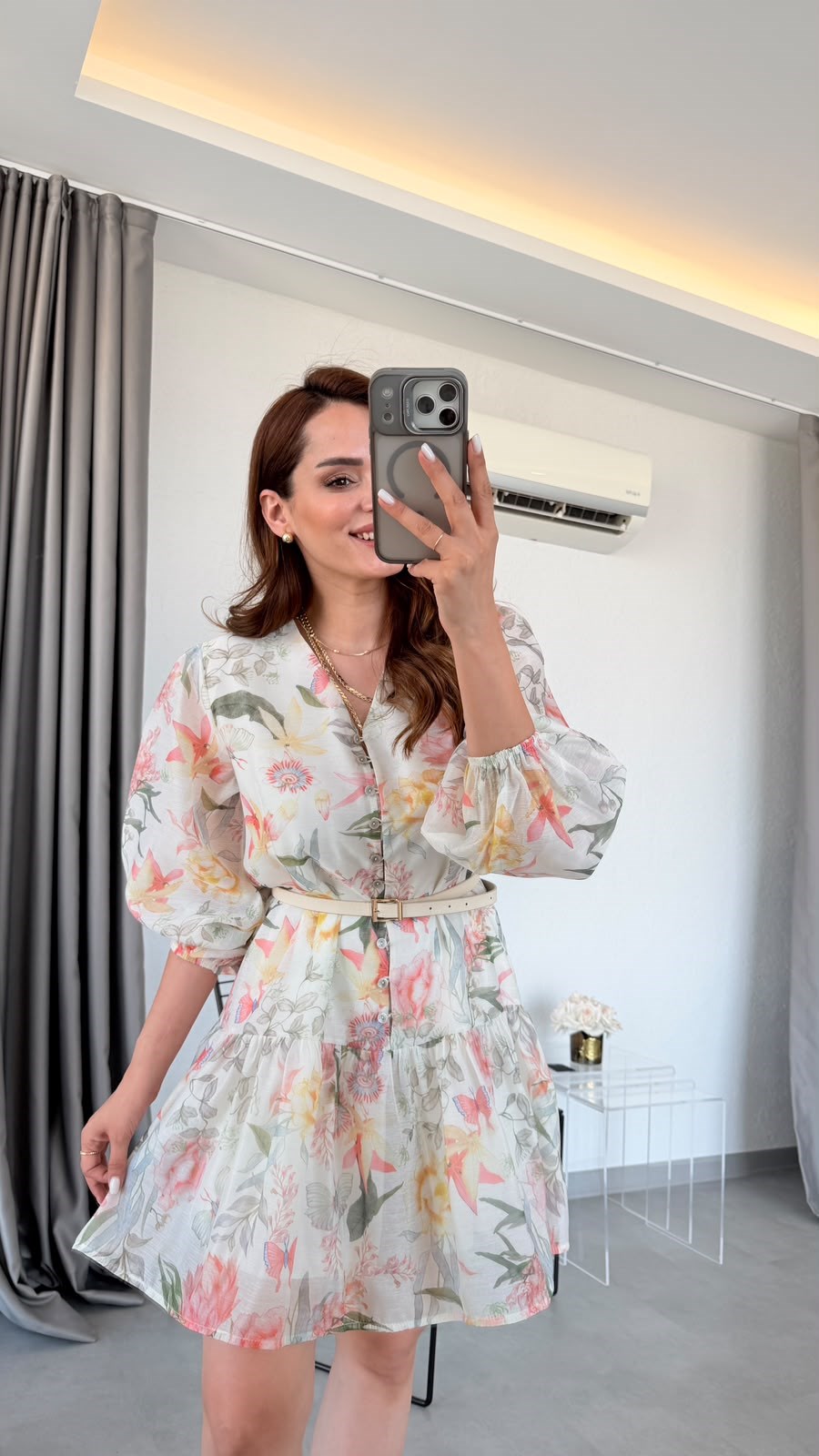 Bej Dune Düğme Detaylı Desenli Elbise
