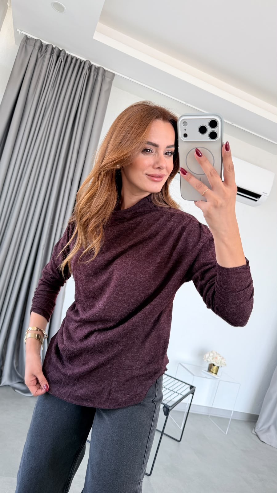 Bordo Puno Drapeli Balıkçı Yaka Bluz