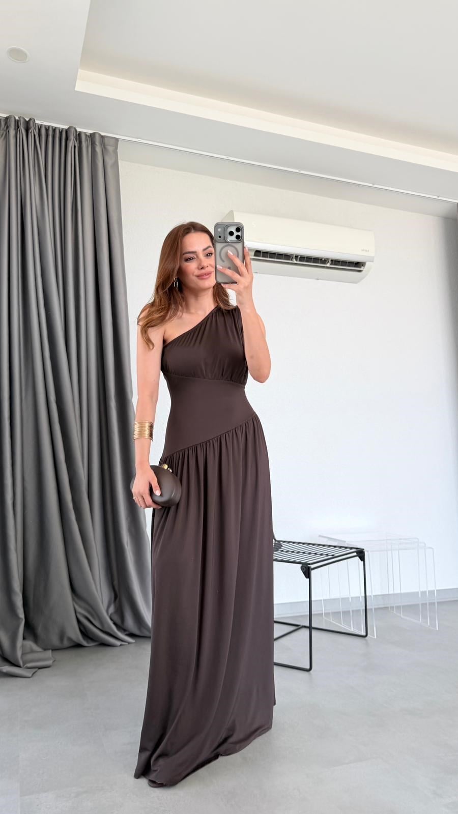 Kahve Florence Asimetrik Kesim Elbise