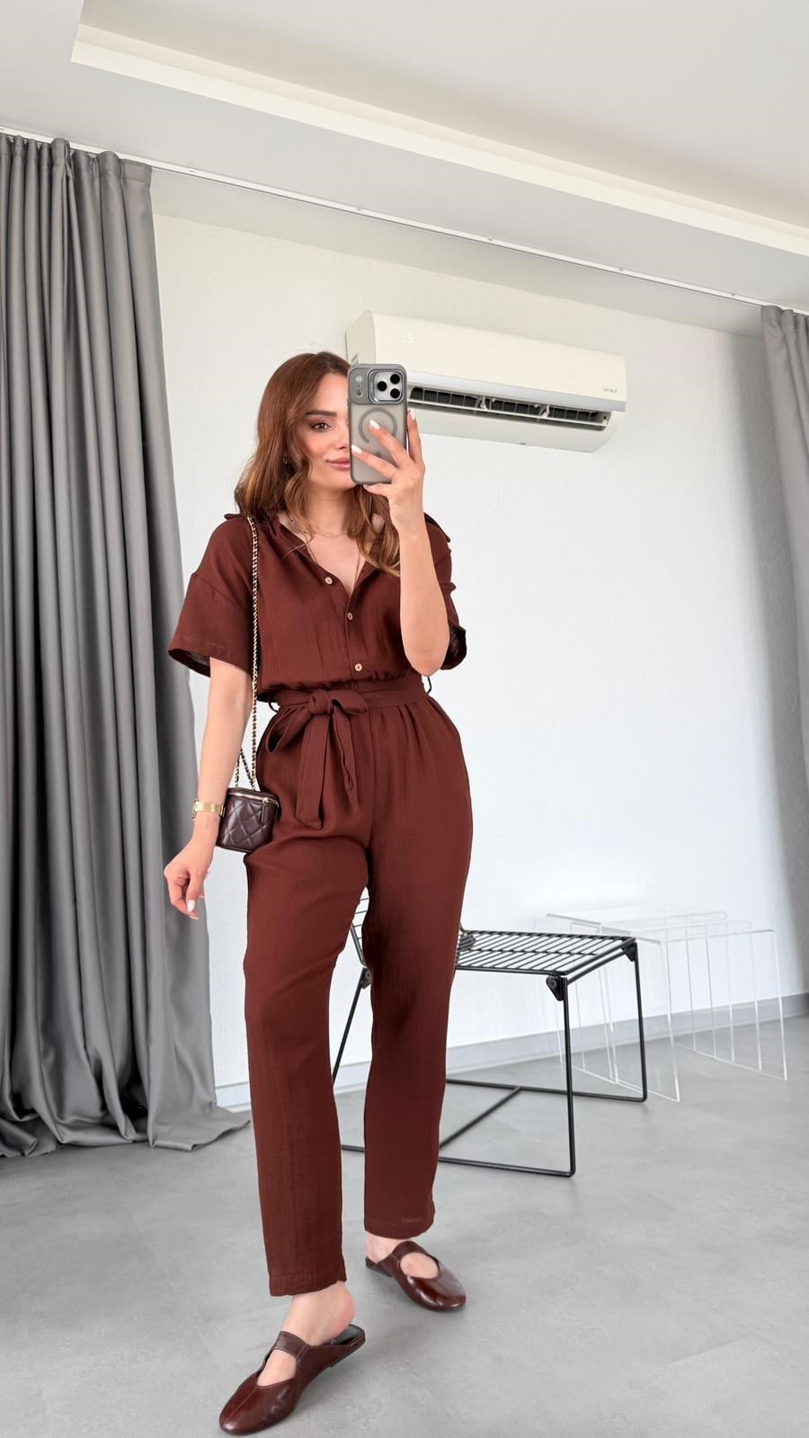 Kahve Uzun Valencia Beli Bağlamalı Gömlek Yaka Tulum
