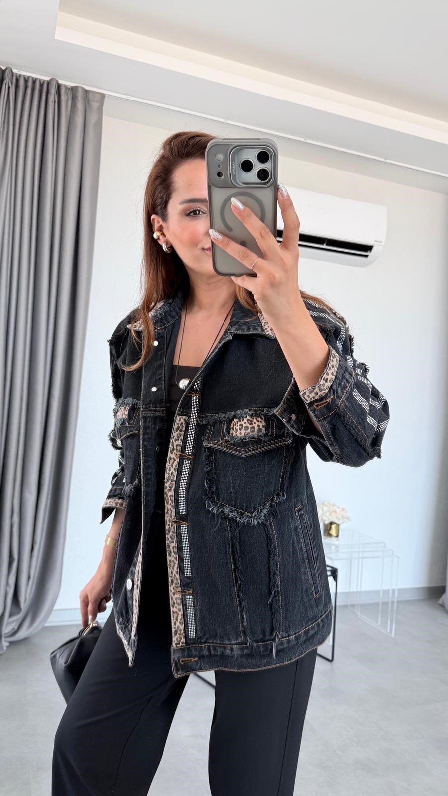 Siyah Elanor Leopar Desen Detaylı Ceket