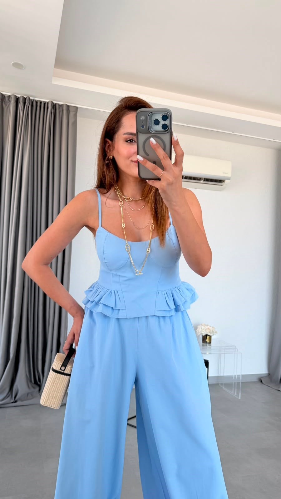 Bebe Mavisi Sien İp Askılı Bluz Pantolon Takım