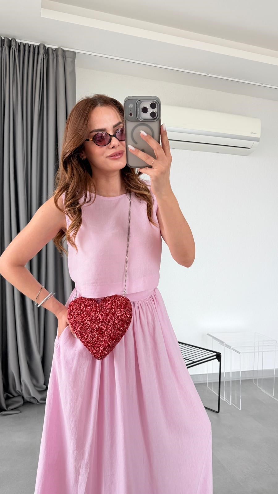 Pembe Pera Salaş Etek Crop Takım