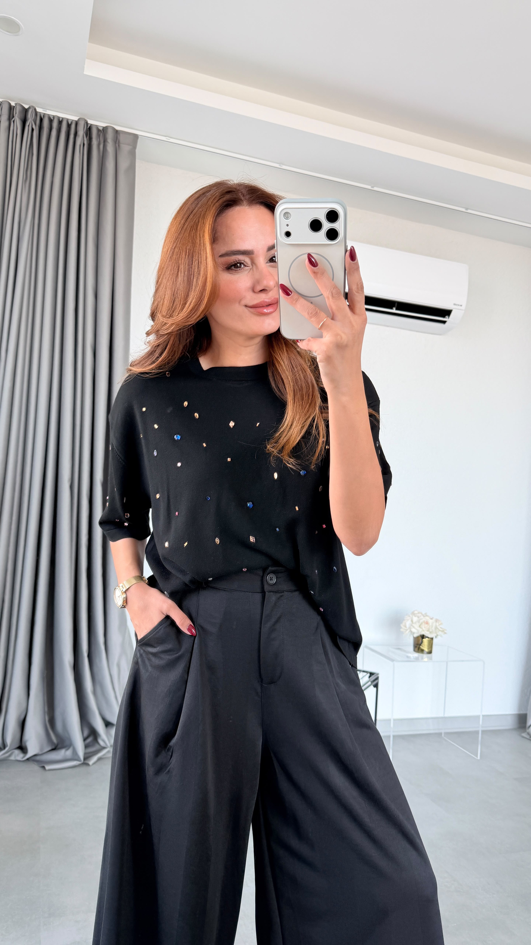Siyah Reyes Arka Beli Lastikli Palazzo Pantolon