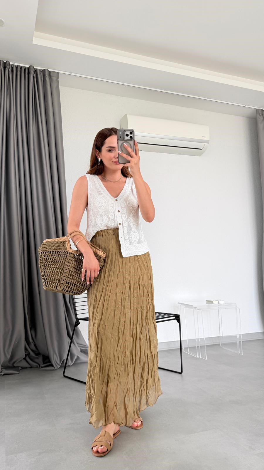 Olive Elaris Kırışık Etek