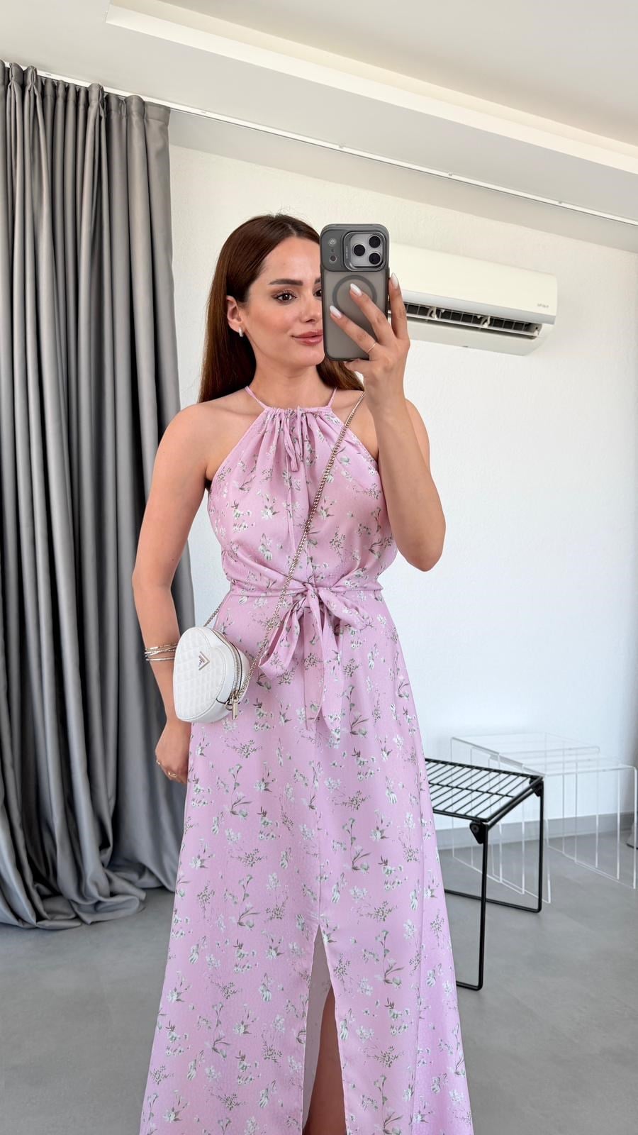Pembe Rosalia İp Askılı Çiçek Desenli Elbise