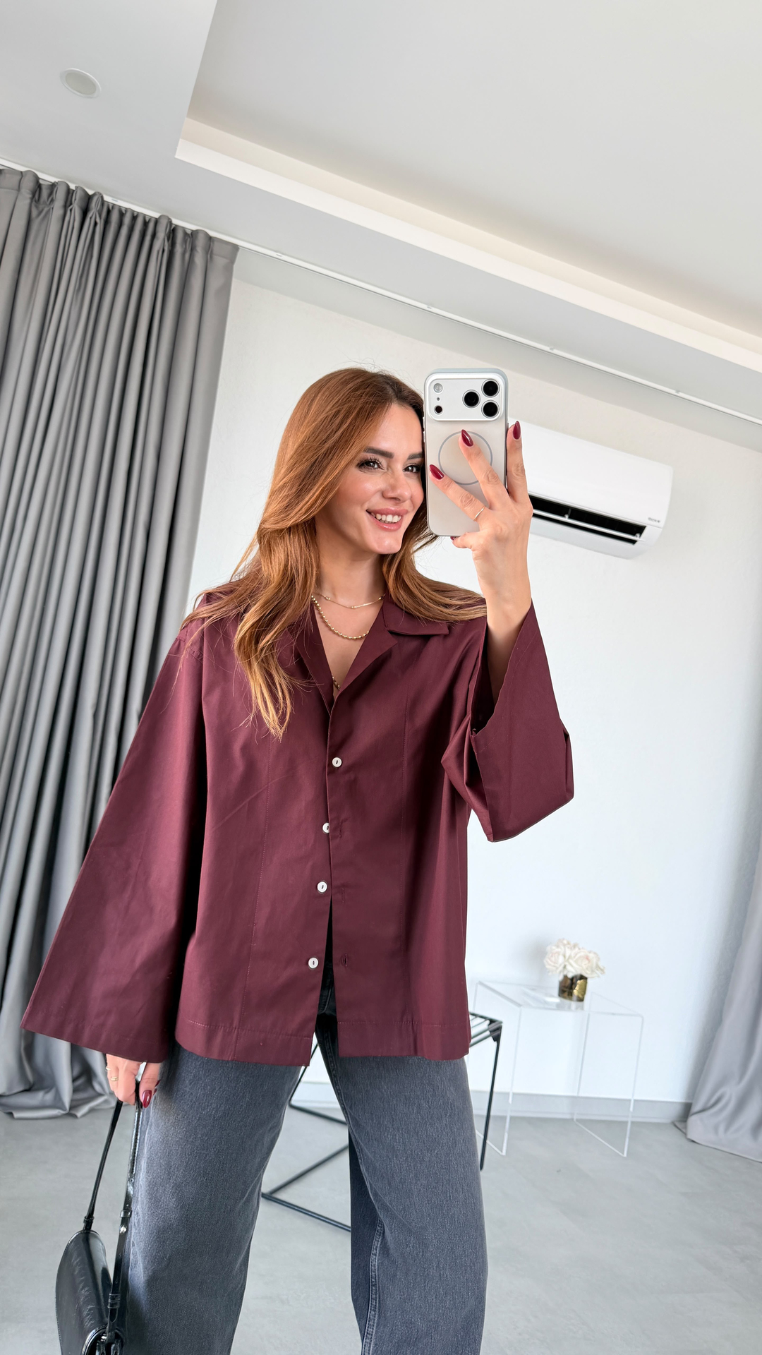 Bordo Lohan Oversize Standart Beden Gömlek