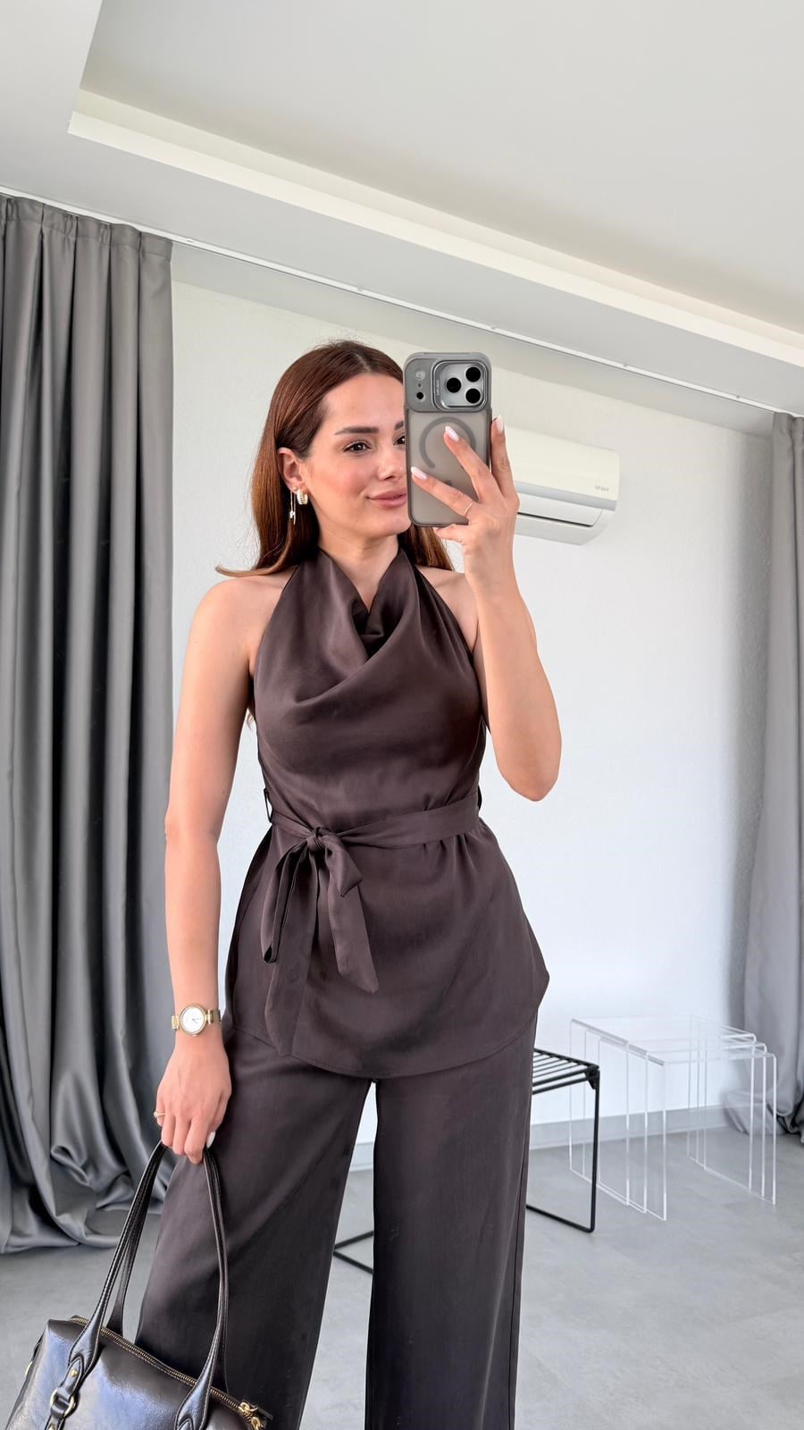 Kahverengi Axel Beli Bağlama Detaylı Bluz Pantolon Takım