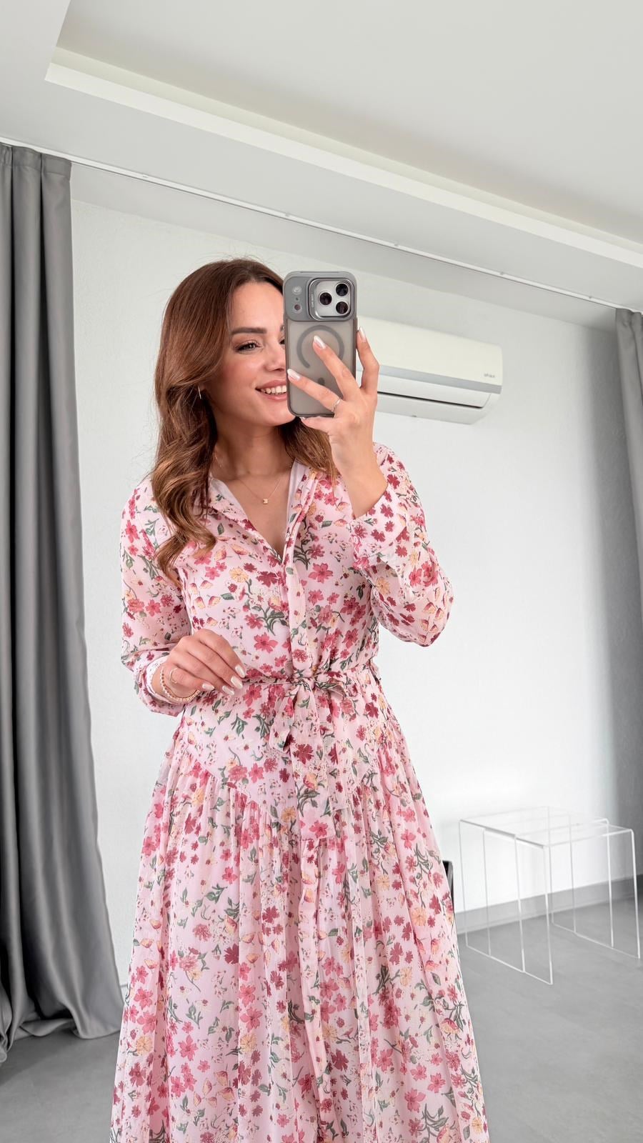 Angel Çiçek Desenli Maxi Gömlek Elbise