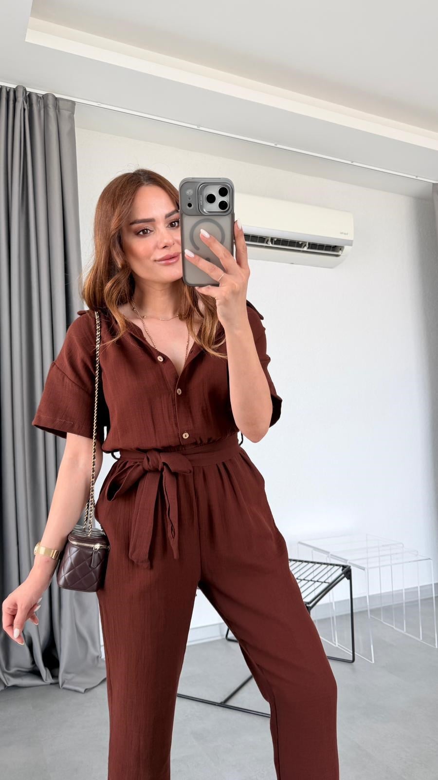 Kahve Uzun Valencia Beli Bağlamalı Gömlek Yaka Tulum