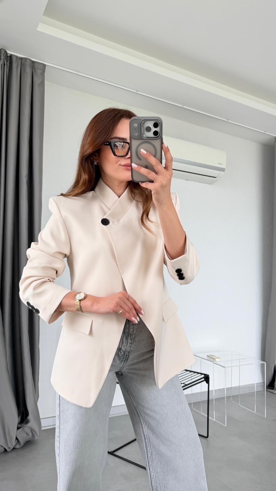 Taş Rengi Tek Düğme Detaylı Blazer Ceket