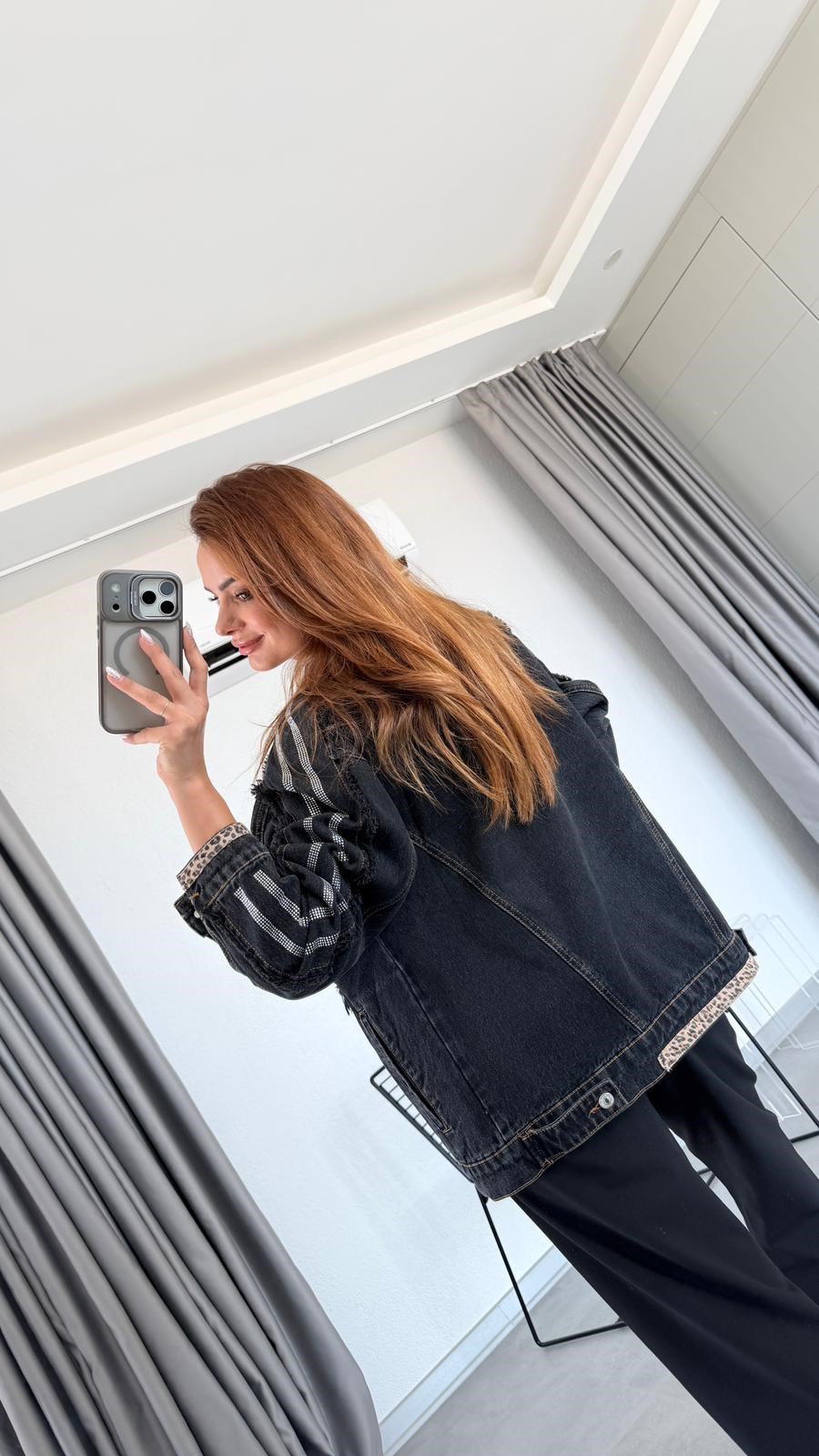 Siyah Elanor Leopar Desen Detaylı Ceket