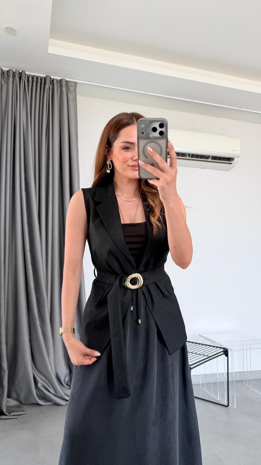 Siyah Febris Kuşaklı Keten Yelek