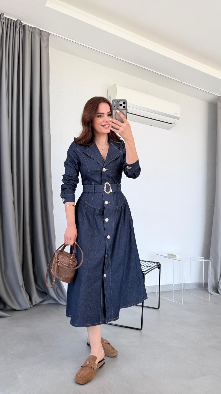 Lacivert Vesta Likralı Jean Kemerli Elbise