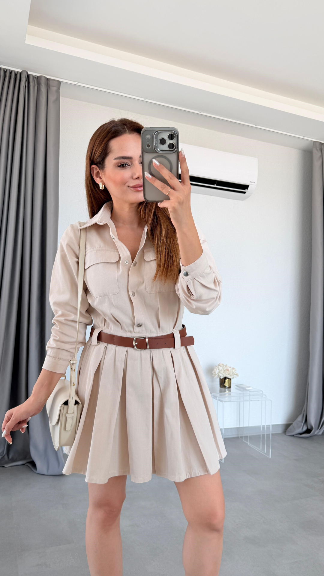 Taş Rengi Wels Çıtçıtlı Eteği Pileli Gabardin Gömlek Elbise