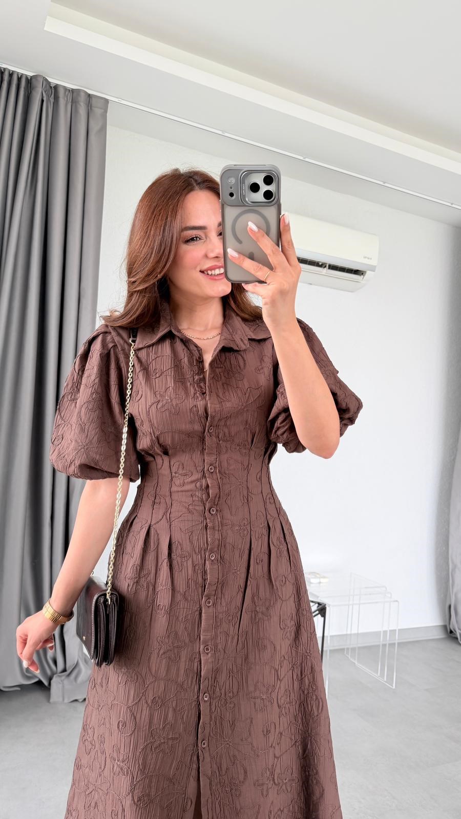 Kahverengi Elena Balon Kol Çiçek Desenli Elbise