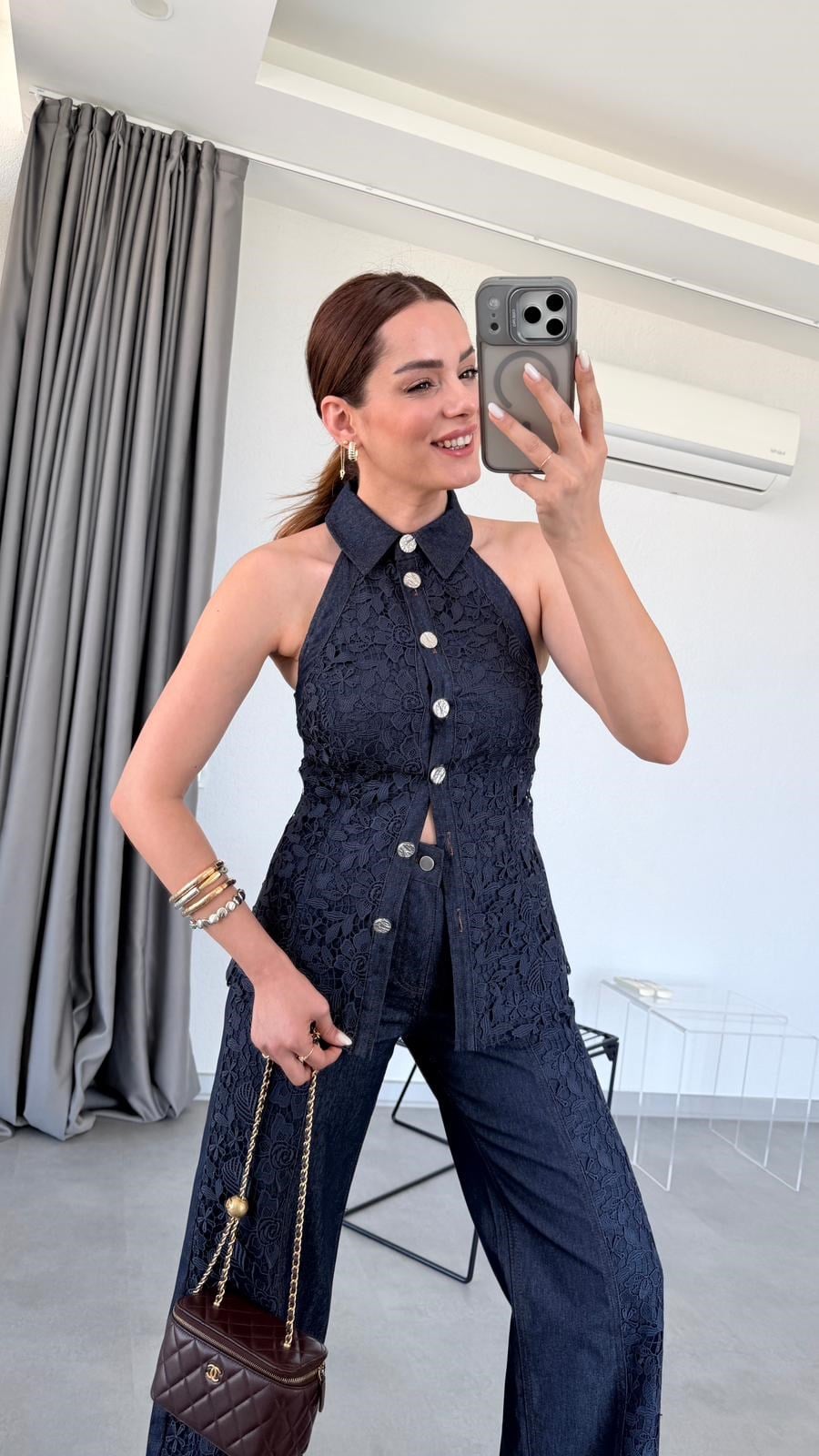 Lacivert Oslo Premium Dantel İşlemeli Denim Gömlek