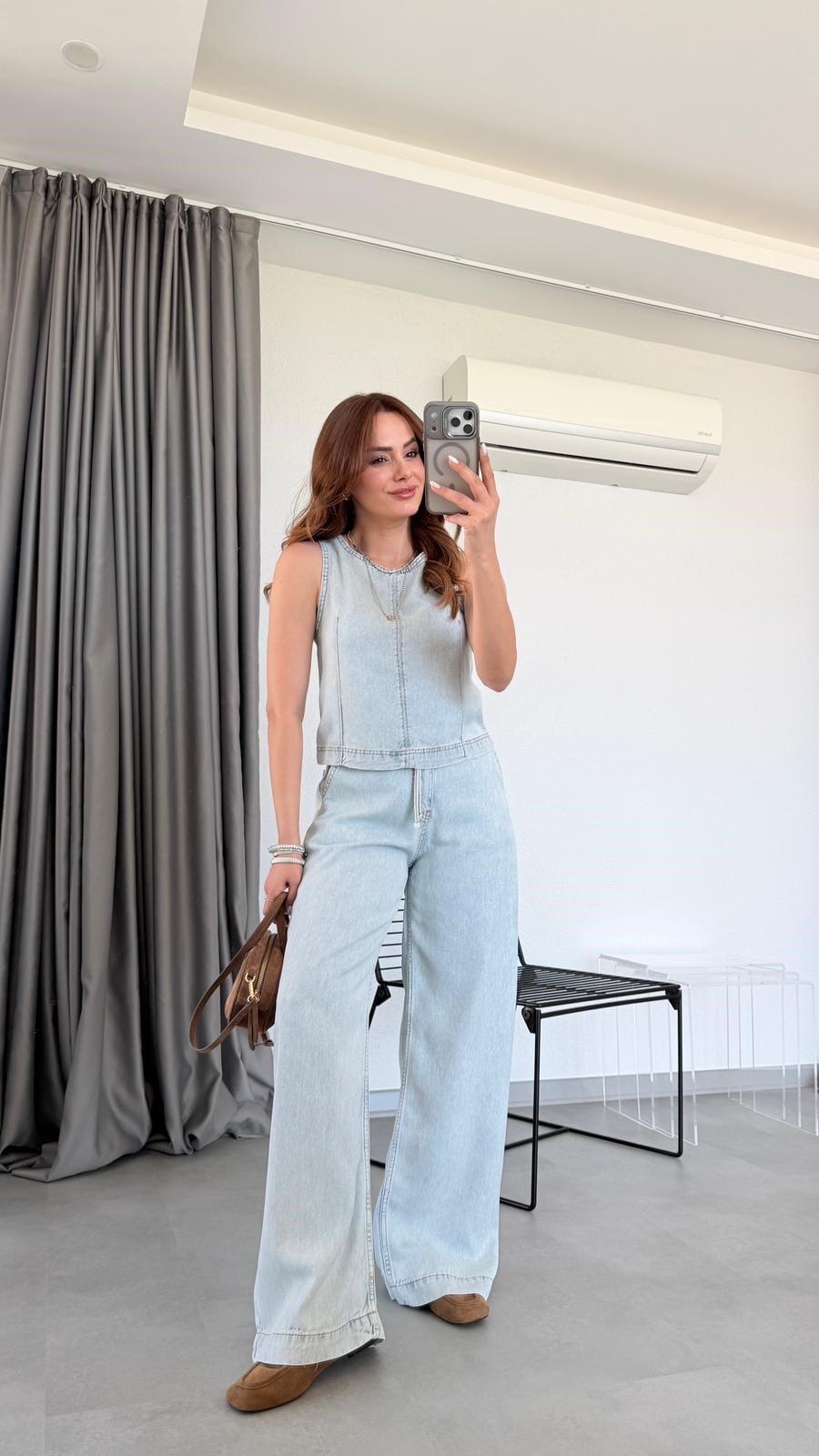 Buz Mavi Galadriel Sıfır Kol Denim Bluz Pantolon Takım