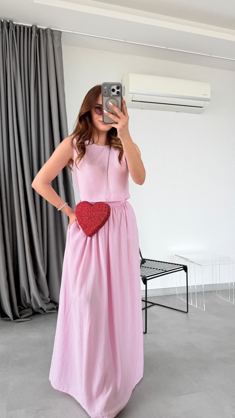 Pembe Pera Salaş Etek Crop Takım