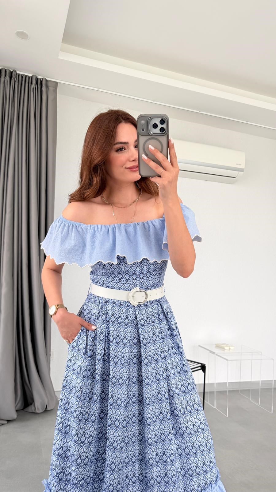 Mavi Madonna Yaka Desenli Kemerli Elbise