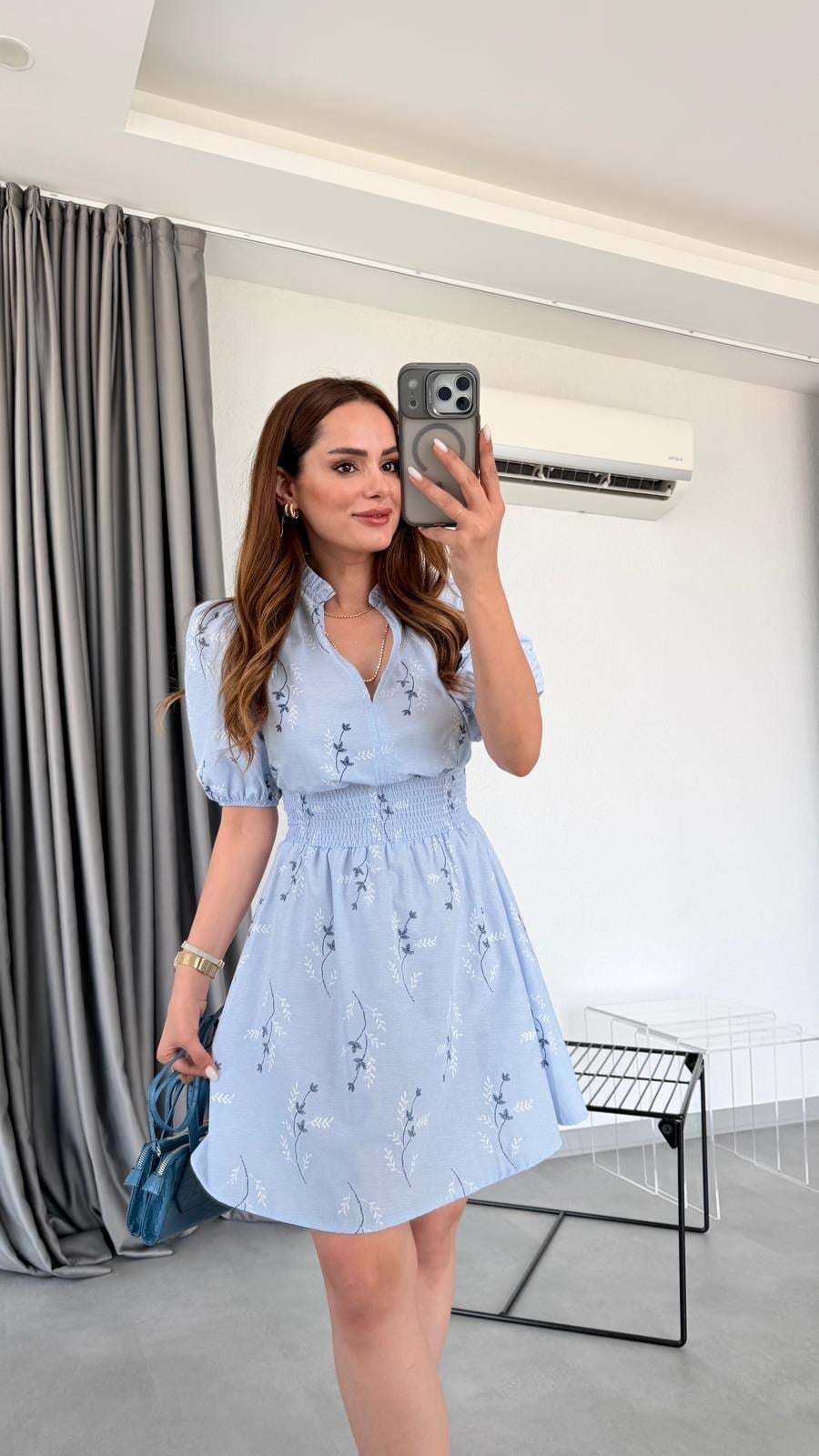 Bebe Mavisi Masha Çiçek İşlemeli Elbise