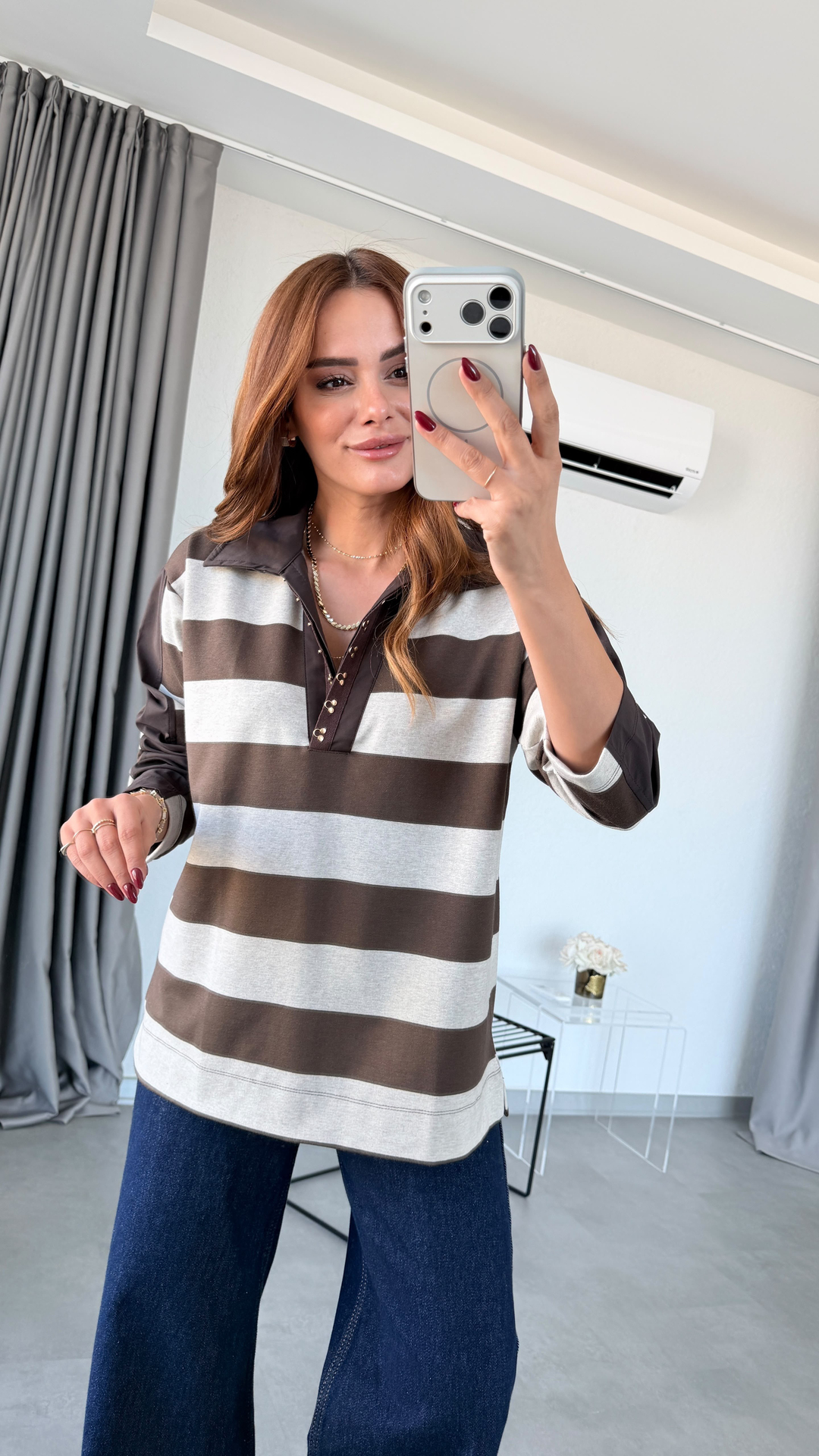 Kahve Badas Metal Kopçalı Polo Yaka Sweatshirt