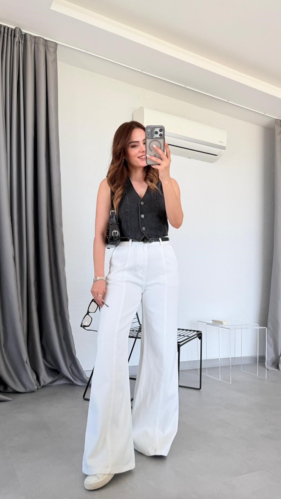 Beyaz Melinda Önden Dikişli Palazzo Pantolon