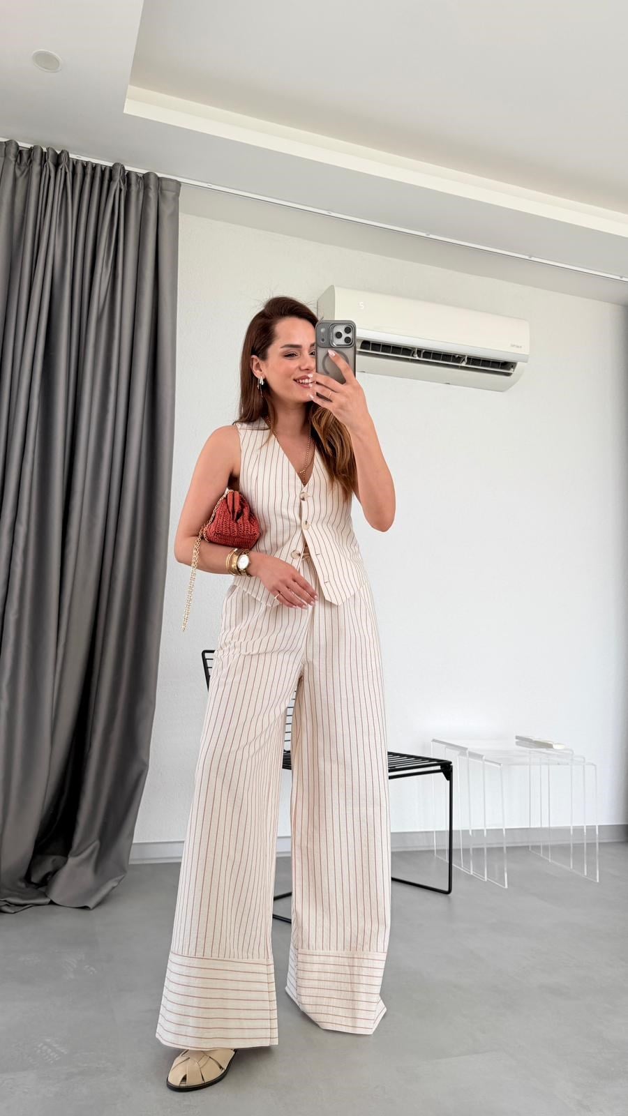 Ekru Palermo Kahve Çizgili Yelek Pantolon Takım