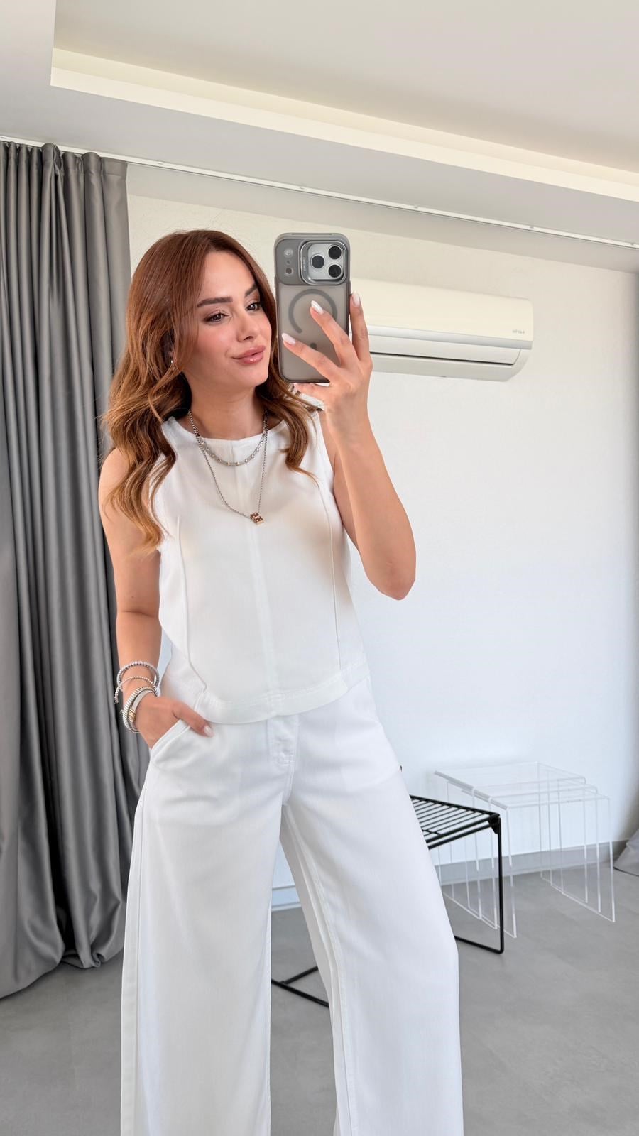 Beyaz Galadriel Sıfır Kol Denim Bluz Pantolon Takım