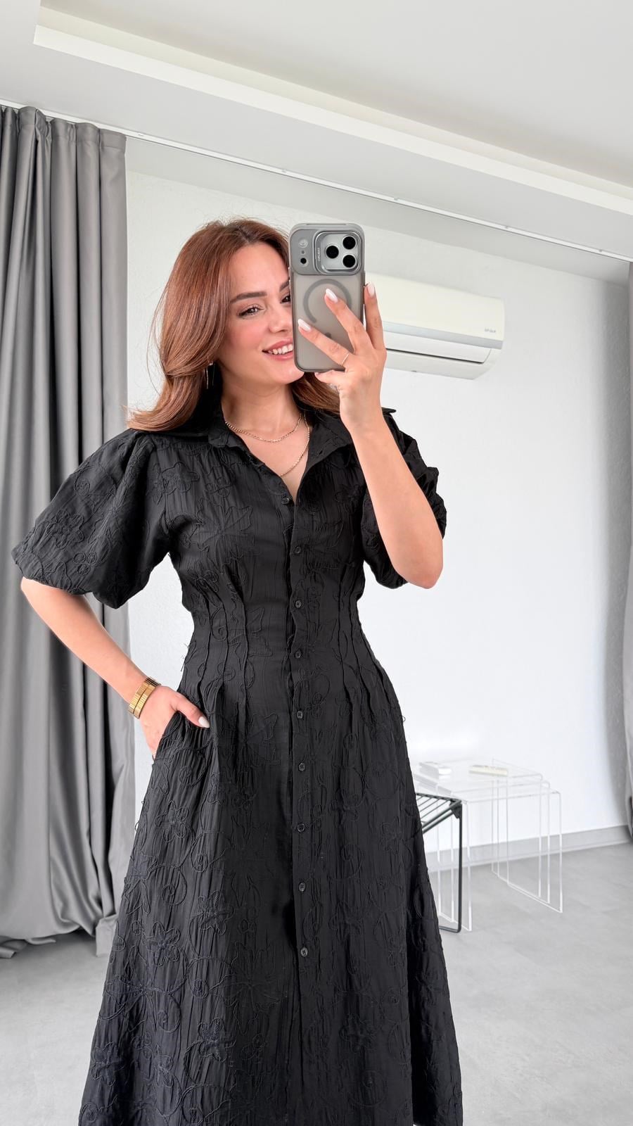 Siyah Elena Balon Kol Çiçek Desenli Elbise