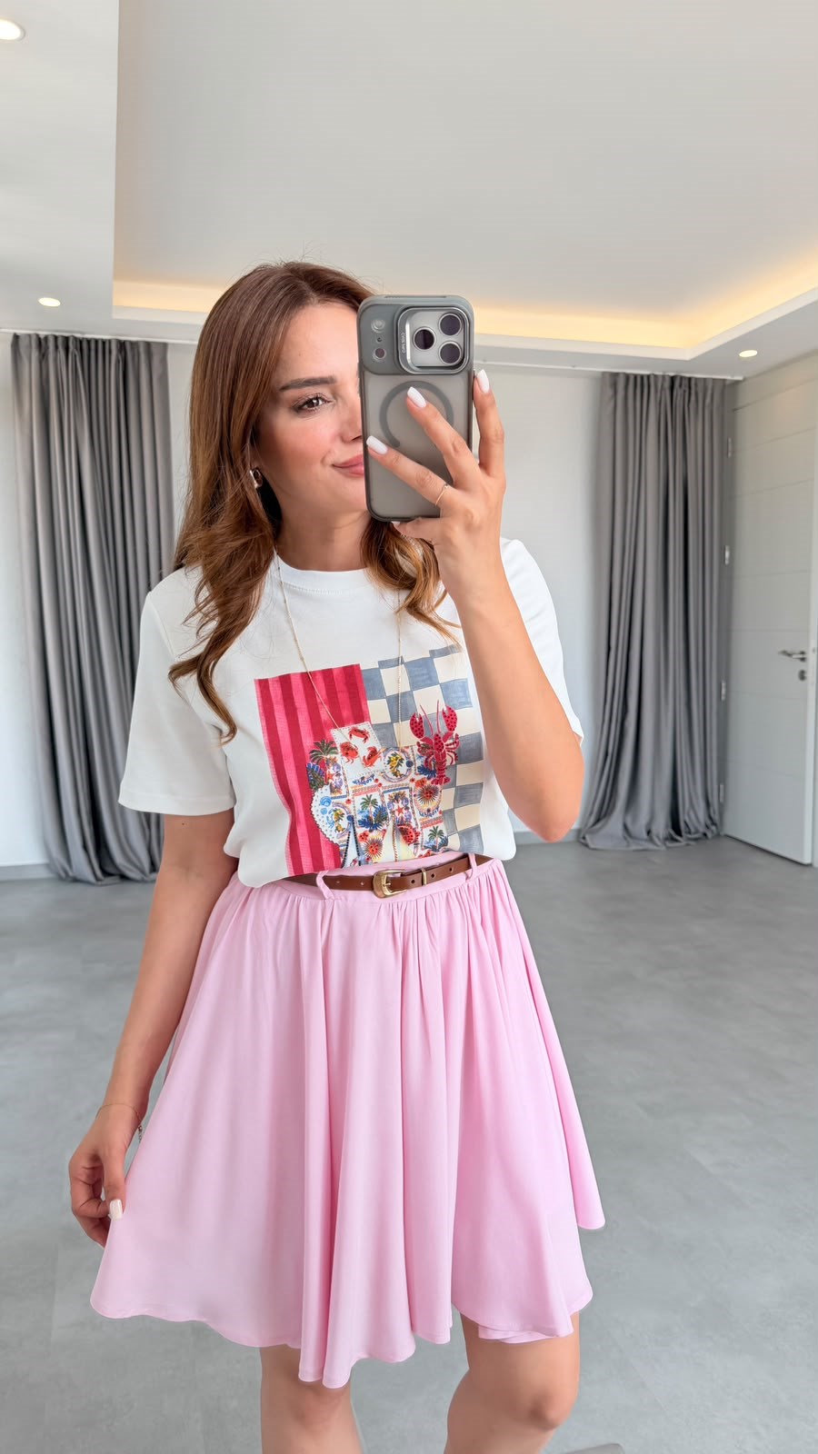 Pembe Cora Kloş Kemerli Şortlu Mini Etek