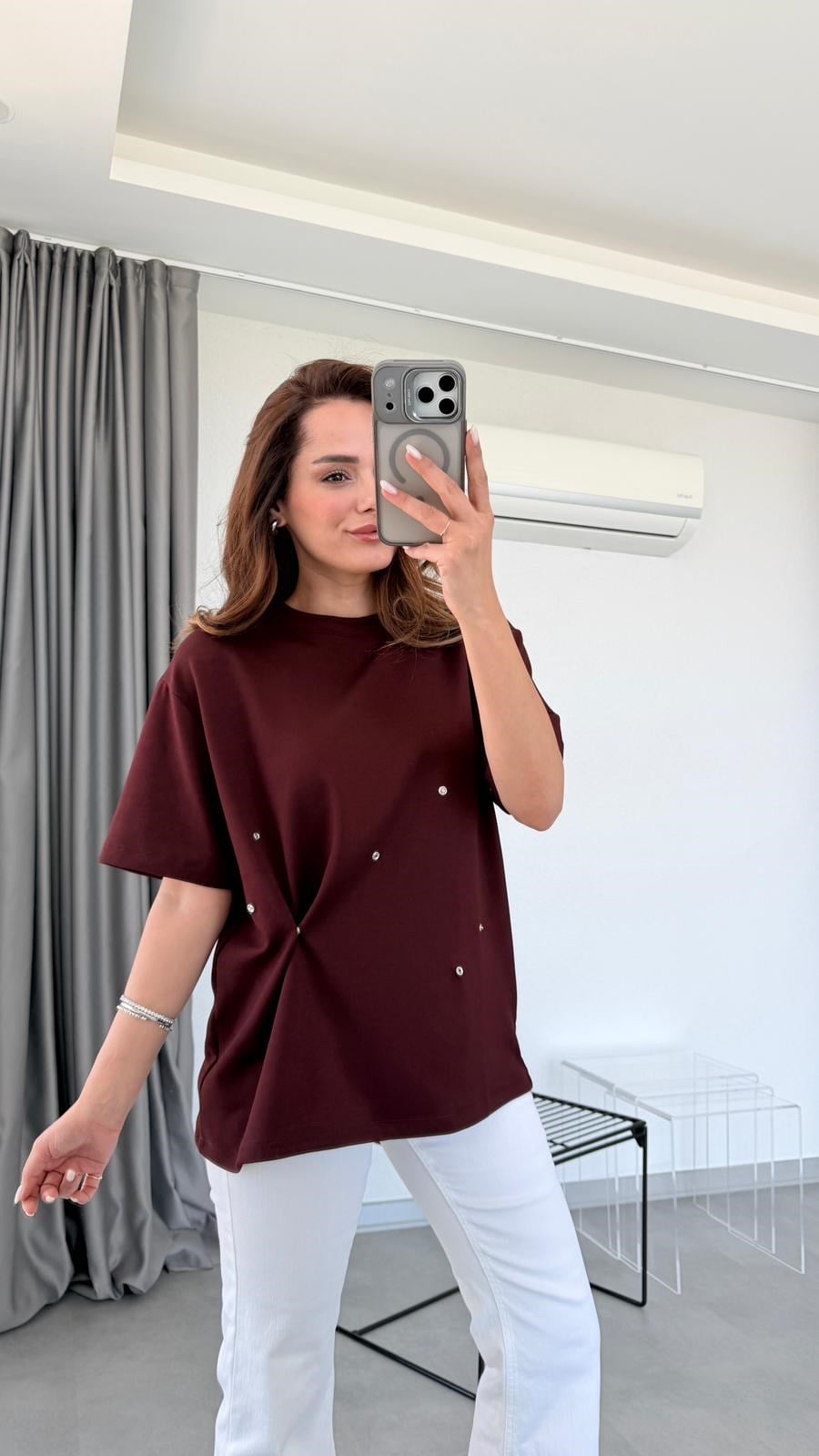 Bordo Juliet Çıtçıt Detaylı Tişört
