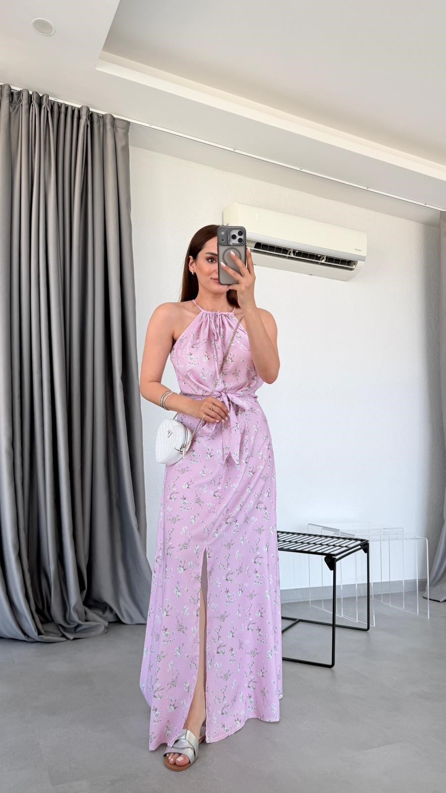 Pembe Rosalia İp Askılı Çiçek Desenli Elbise