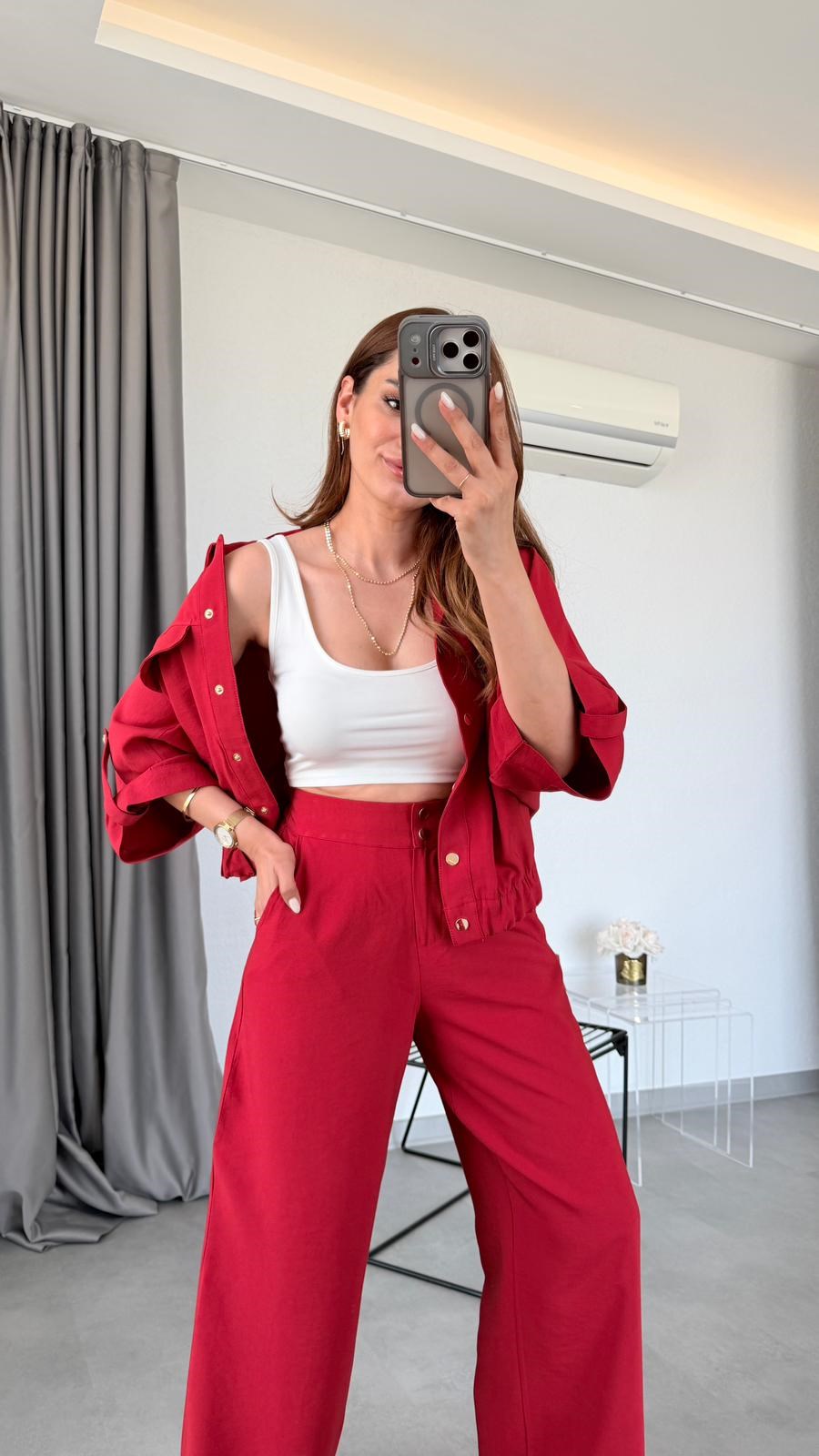Kırmızı Lina Bomber Ceket Pantolon Takım